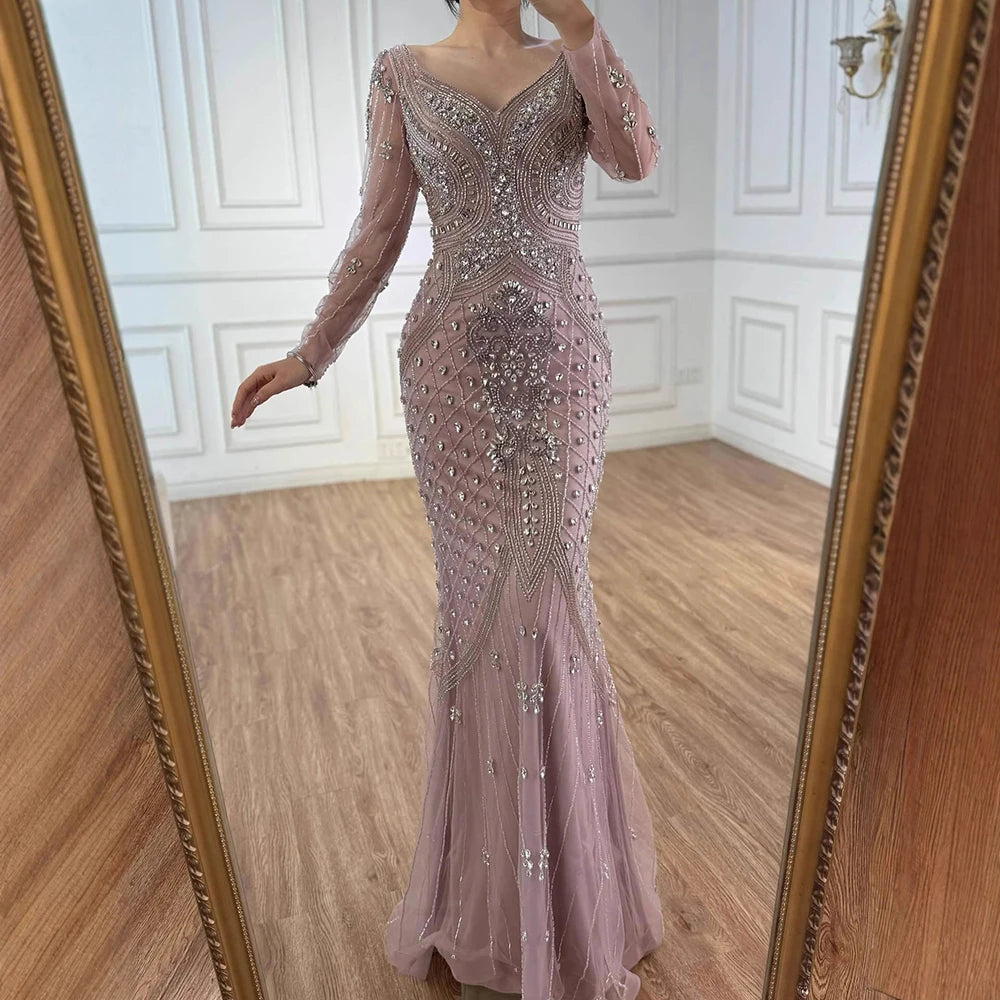 Luxury Nude Long Sleeve Beaded Mermaid Evening Dress LA73155