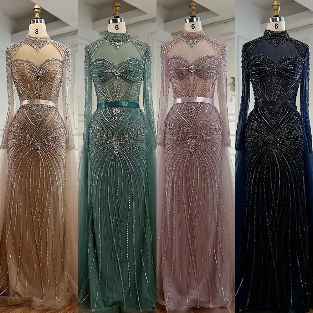 Luxury Nude Beaded Evening Dress with Detachable Overskirt LA72990