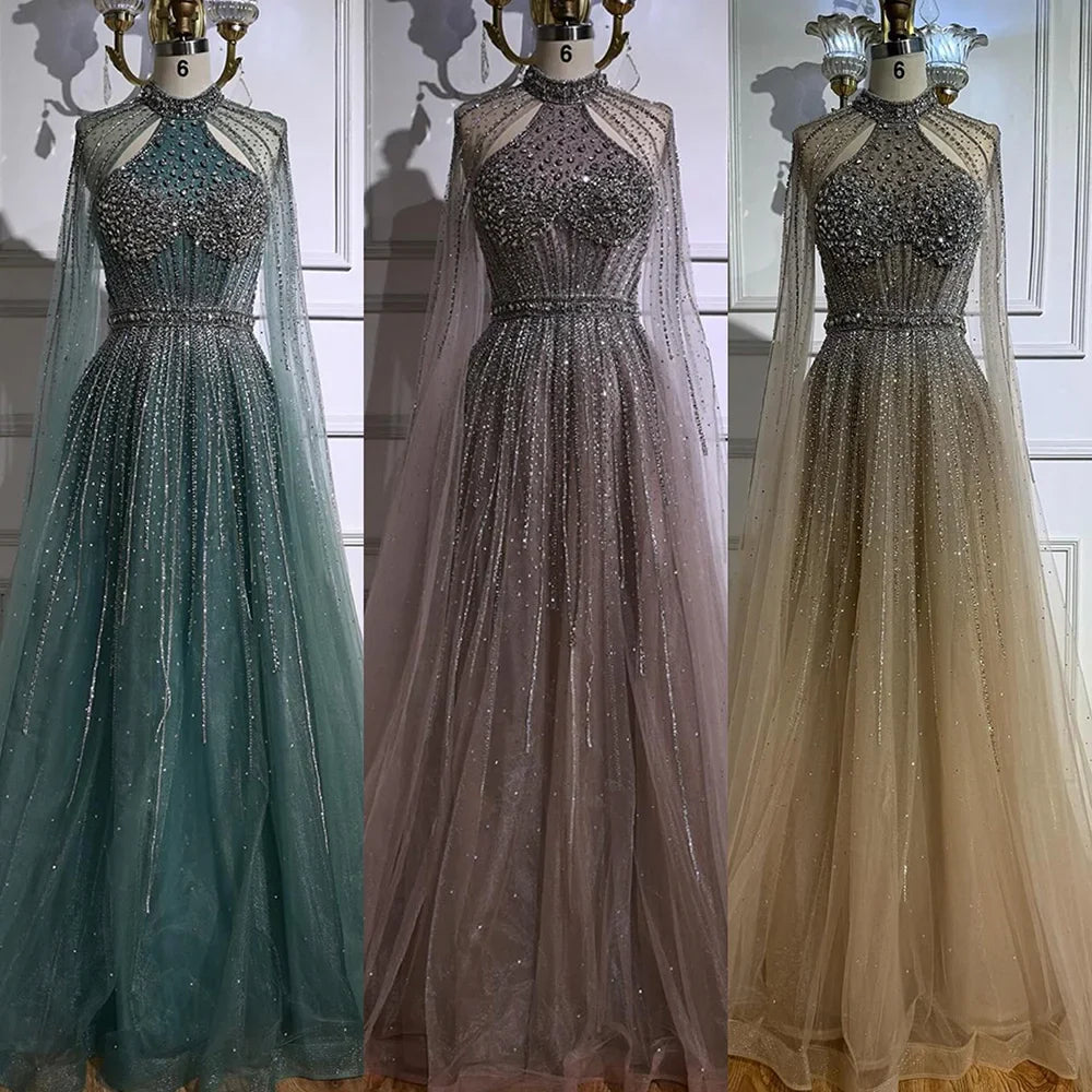 Luxury Turquoise Beaded A-Line Evening Dress with Cape Sleeves LA73054
