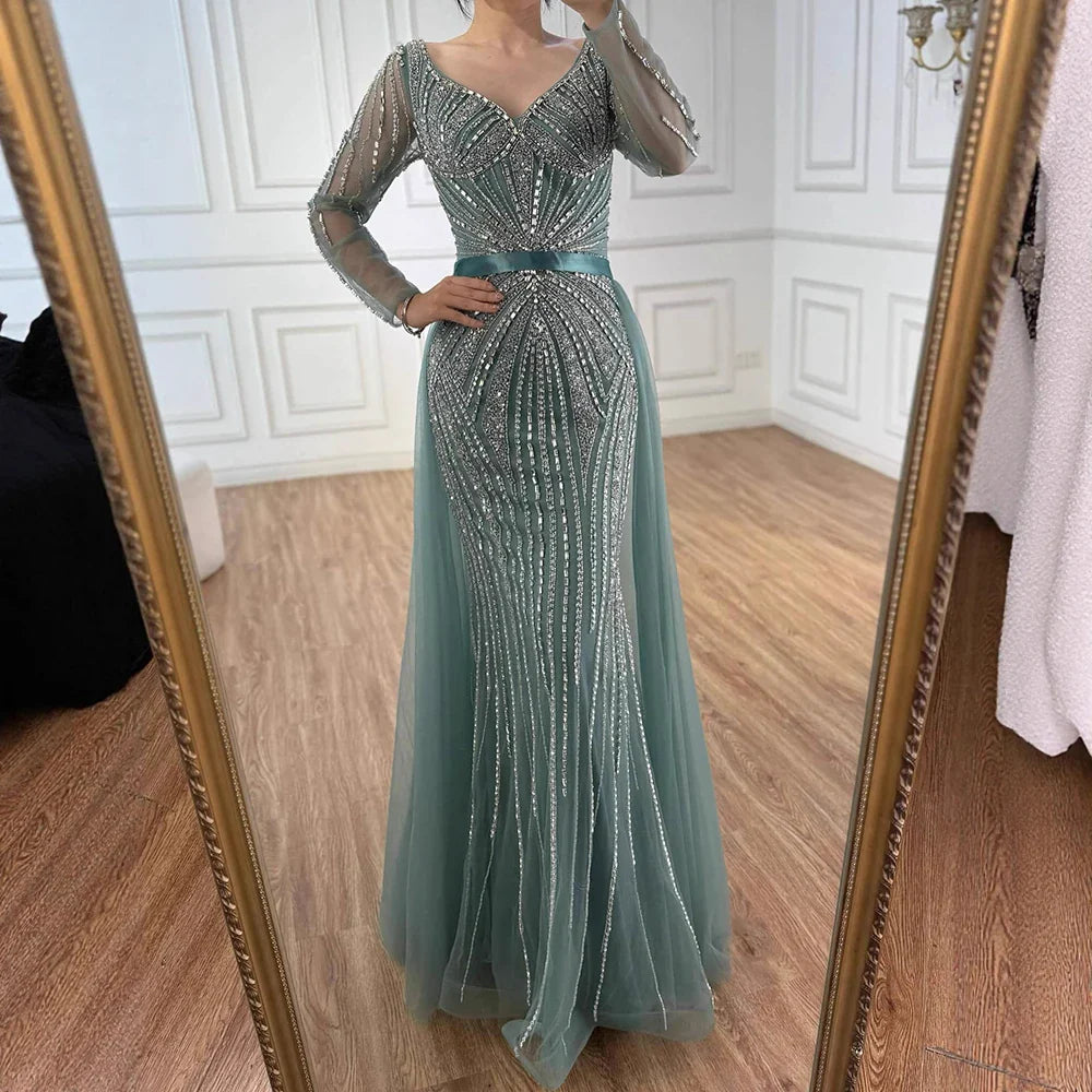 Luxury Nude Beaded Evening Dress with Detachable Overskirt LA73156