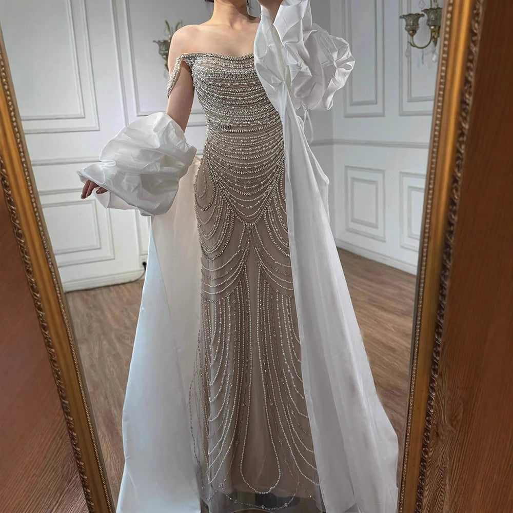 White Nude Beaded Mermaid Evening Dress with Satin Cape LA72253B