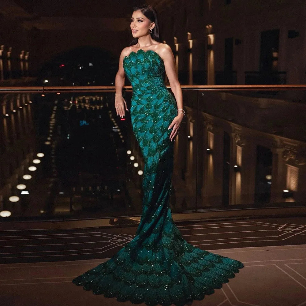 Elegant Green Strapless Mermaid Evening Dress Arabic Style LA73117