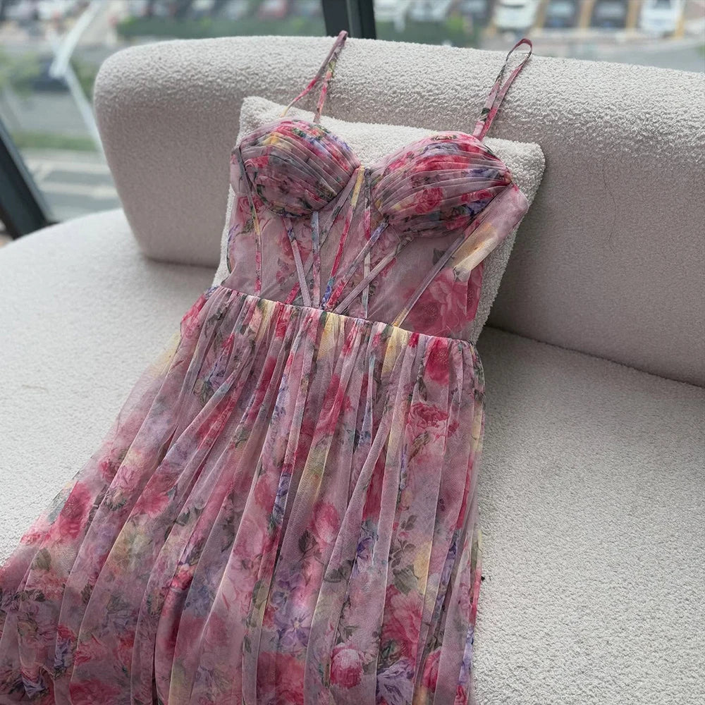 Luxury Pink A-Line Tulle Printed Ruffle Tiered Prom Dress LA73149