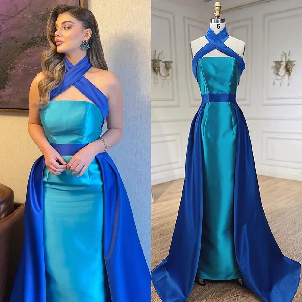 Blue Contrast Turquoise Evening Dress with Overskirt LA72197