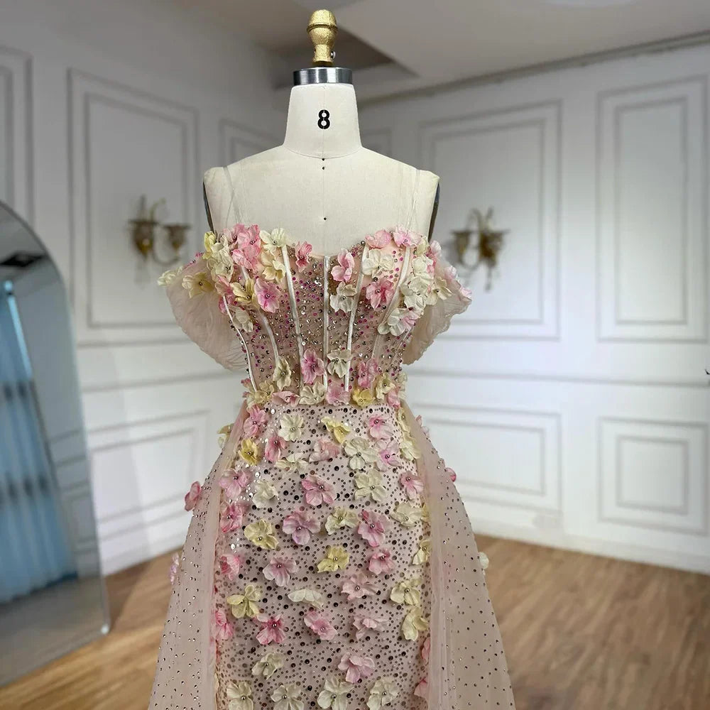 Luxury Nude Floral Beaded Off-Shoulder Corset Evening Dress with Overskirt LA72861
