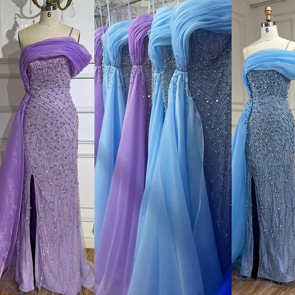 Luxury One Shoulder Blue Evening Dress with Overskirt LA72244A