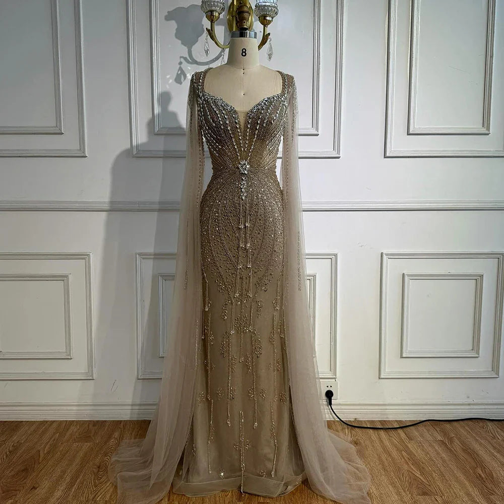 Elegant Beige Beaded Evening Dress with Cape Sleeves LA72992