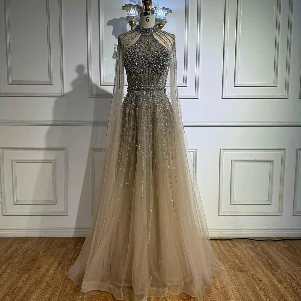 Luxury Turquoise Beaded A-Line Evening Dress with Cape Sleeves LA73054