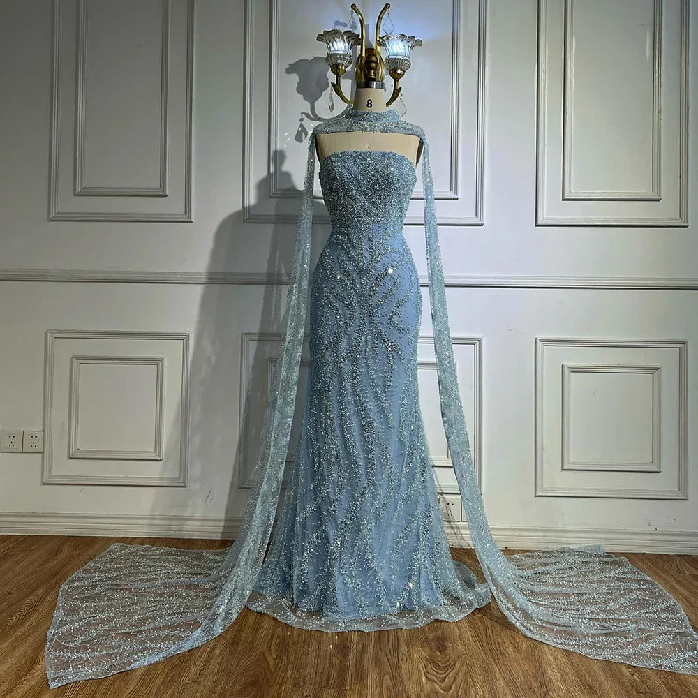 Luxury Nude Mermaid Evening Dress with Cape Sleeves LA72824