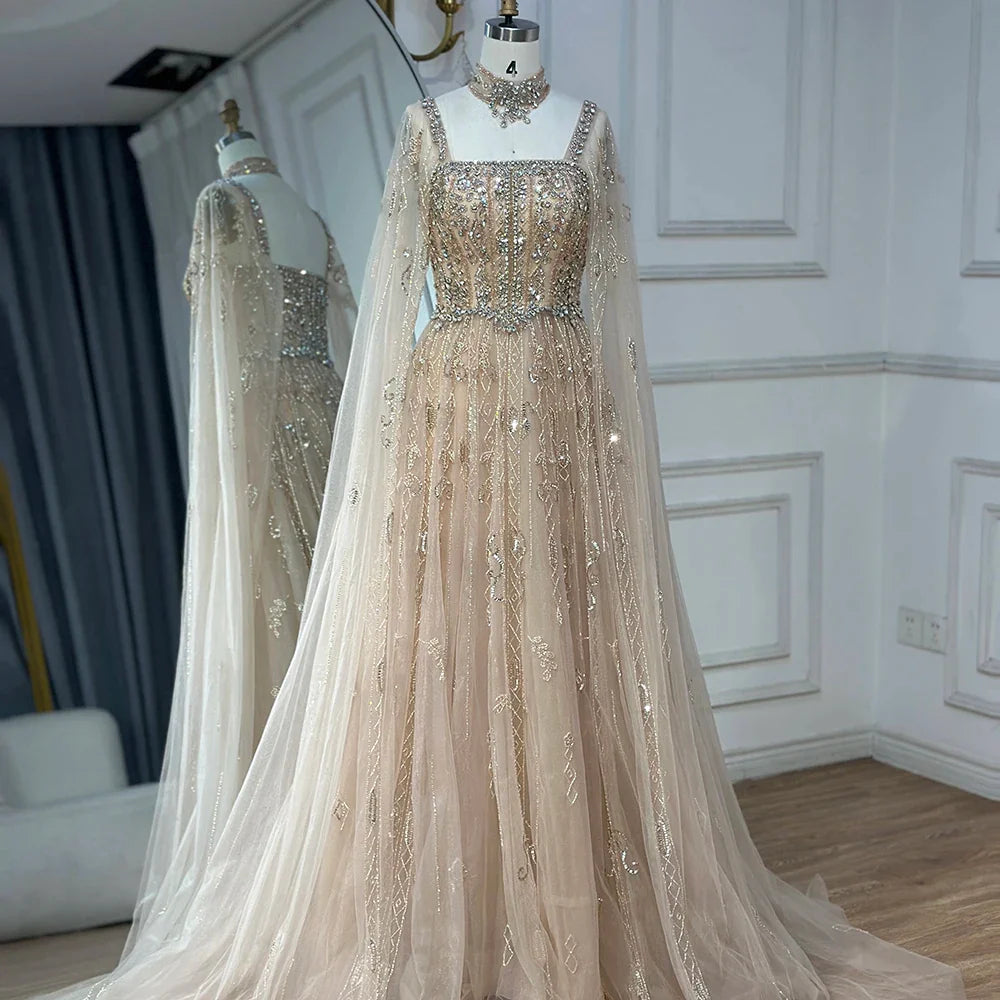 Luxury Nude A-Line Crystal Beaded Arabic Evening Dress LA72764
