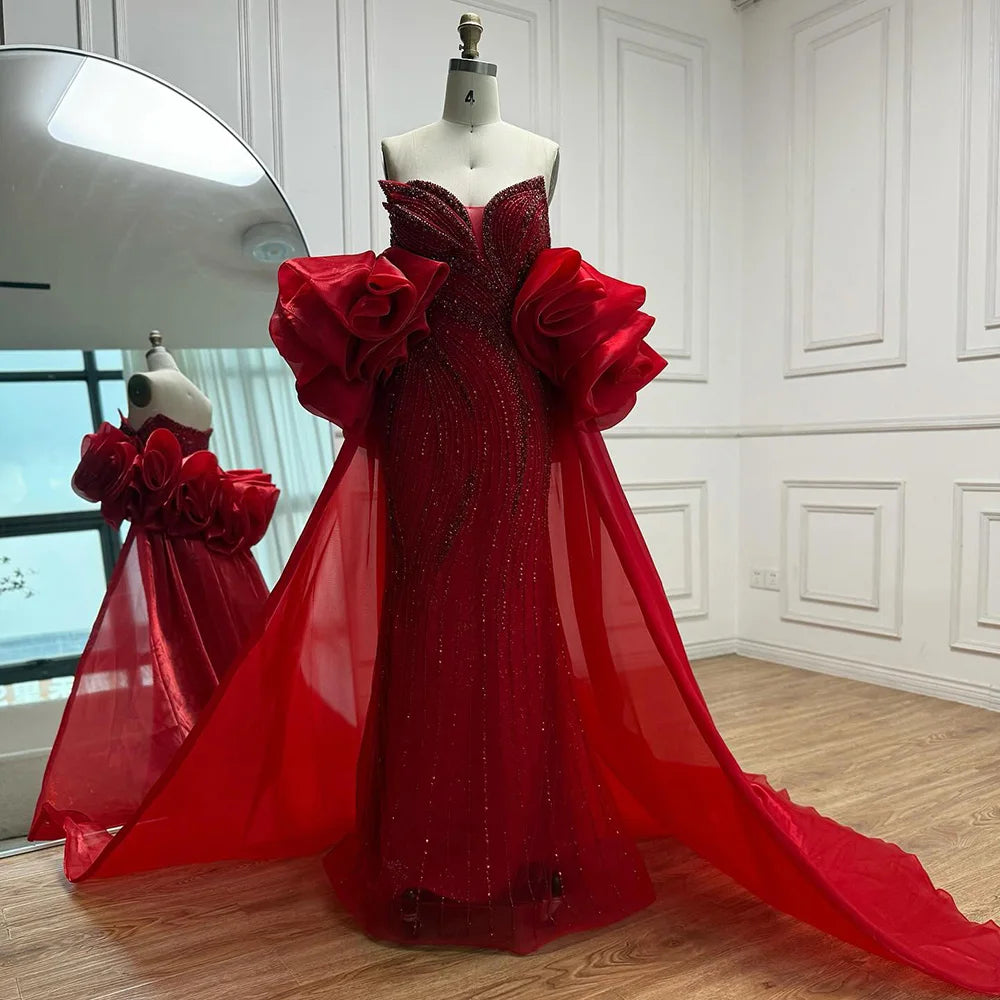 Luxury Red Strapless Mermaid Evening Dress with Cape LA72896