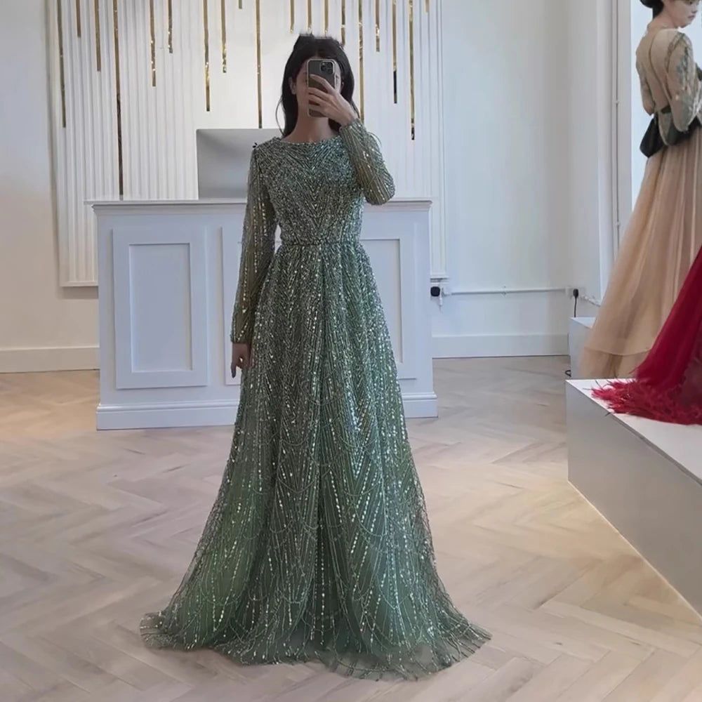 שמלת ערב יוקרתית בגזרת A עם חרוזים בצבע ירוק זית ושרוולים ארוכים LA72738B