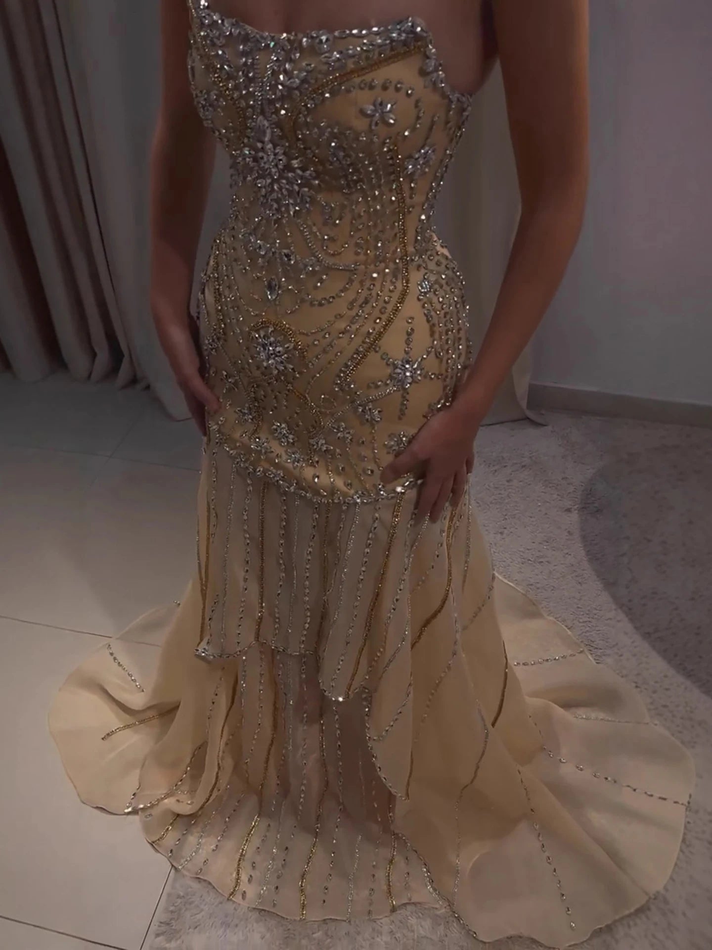 Luxury Gold Diamond Evening Dress with Cape for Wedding Party LA73224