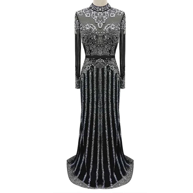 Serene Hill Luxury Muslim Gray Luxury Long Elegant with Detachable Train Mermaid Evening Gowns Dresses For Woman LA70199