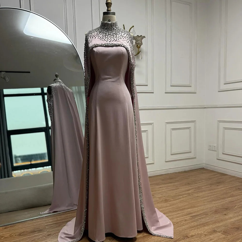 Elegant Blue High Neck Evening Dress with Crystals and Long Cape LA73068