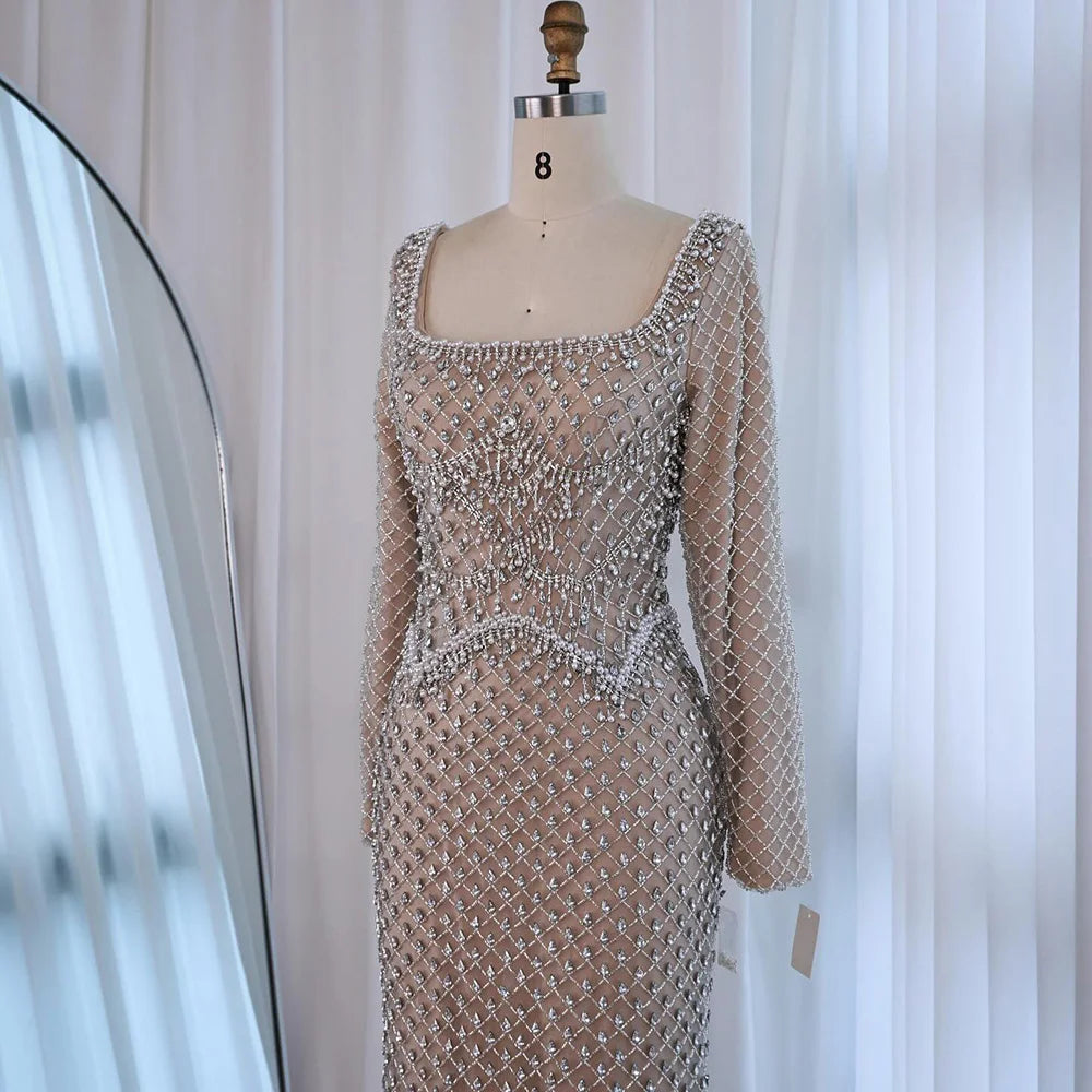 Luxury Pearl Beaded Mermaid Evening Dress with Long Sleeves LA72919A