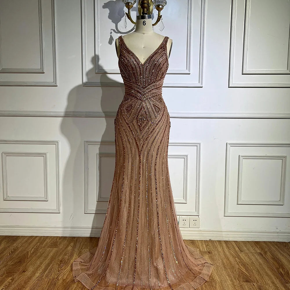 Brown V Neck Beaded Mermaid Evening Dress for Wedding Party LA73013
