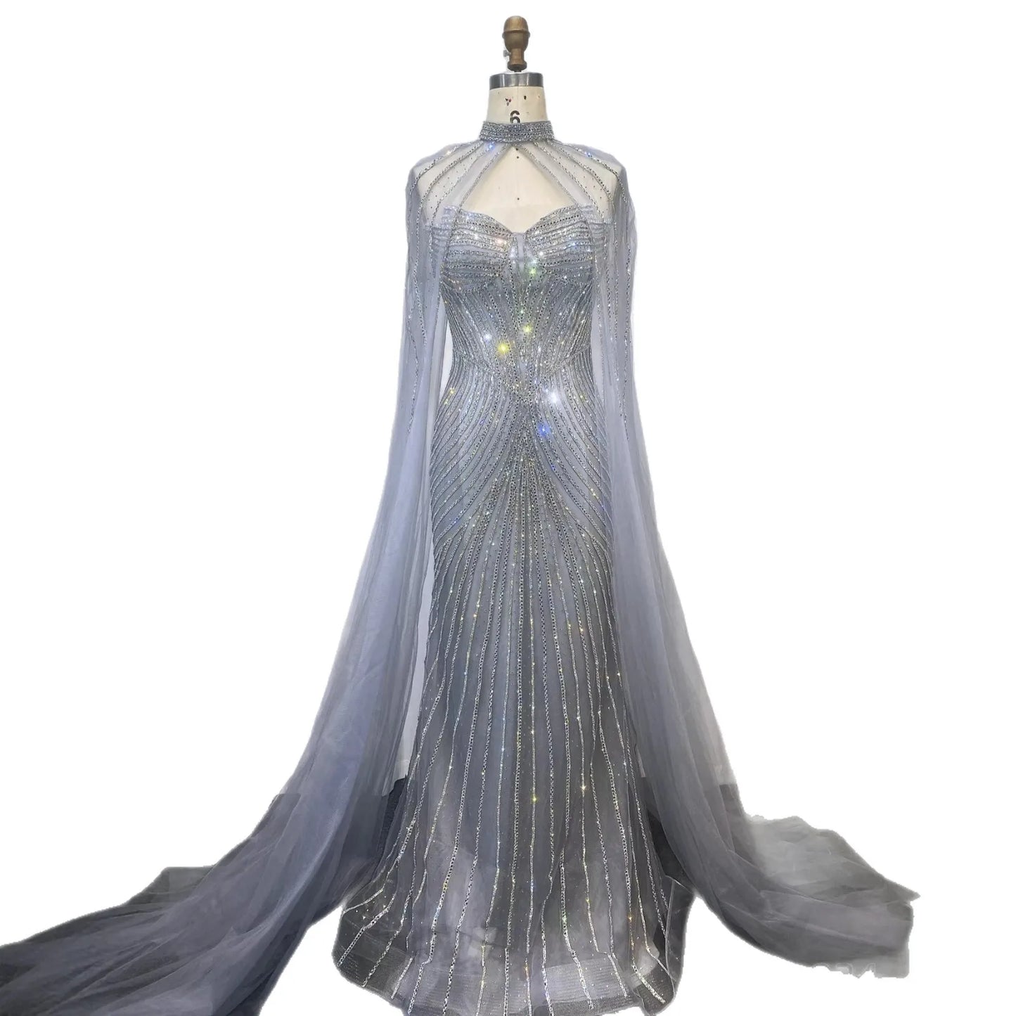Luxury Nude Mermaid Evening Dress with Cape Sleeves LA73118