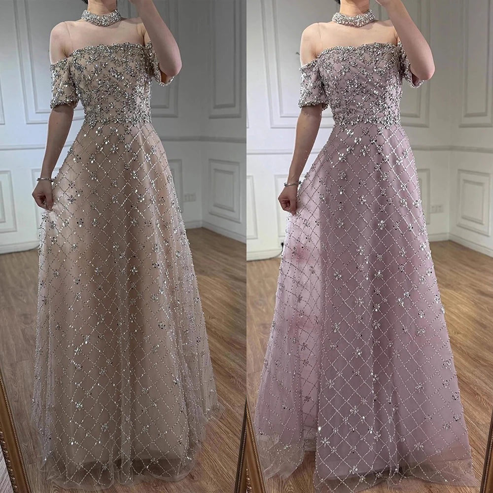 Luxury Nude Sliver Off Shoulder Beaded Crystal A-Line Evening Dress LA73122