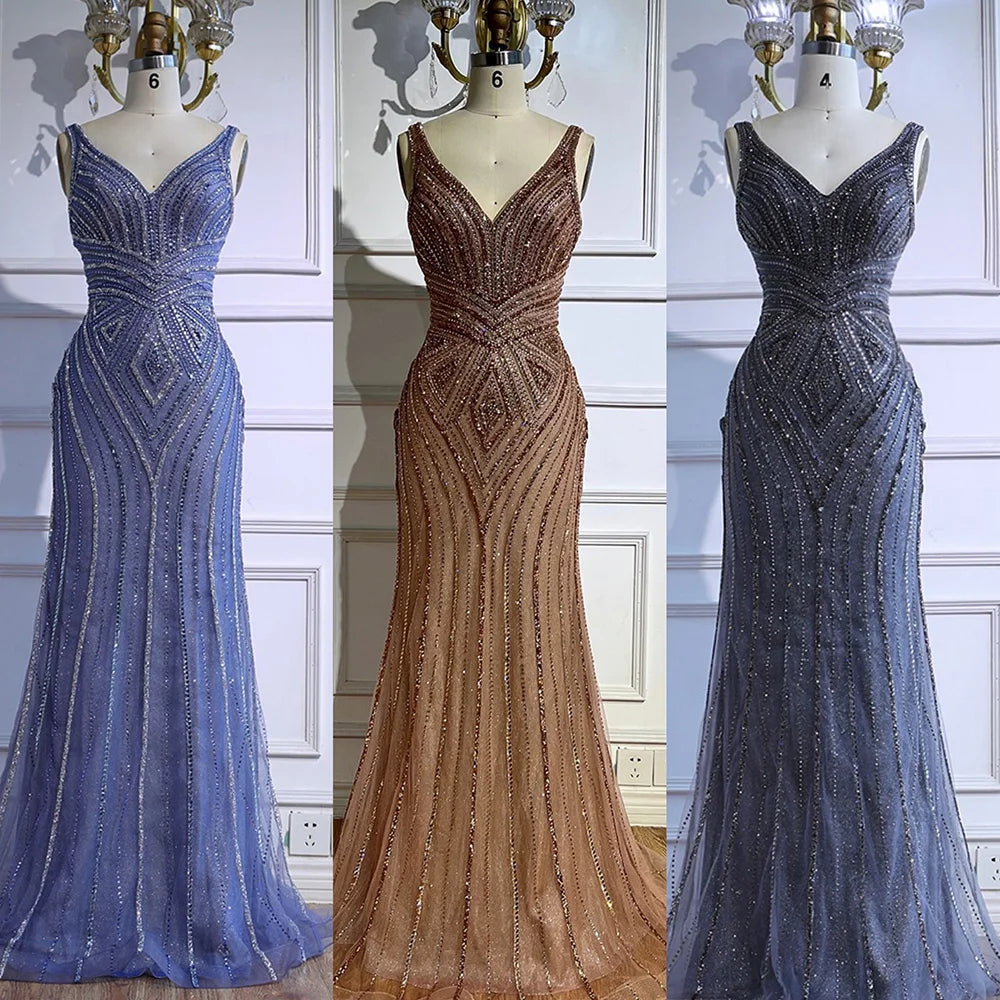 Brown V Neck Beaded Mermaid Evening Dress for Wedding Party LA73013