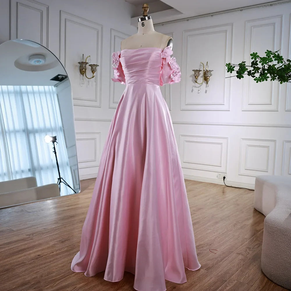 Luxury Pink Satin A Line Off Shoulder Arabic Evening Dress LA73036
