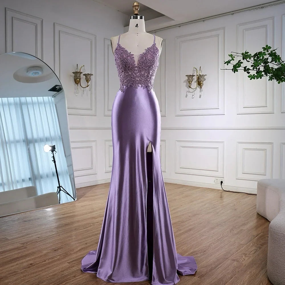 Luxury Purple Satin Prom Dress with Slit and Lace Appliques LA73040