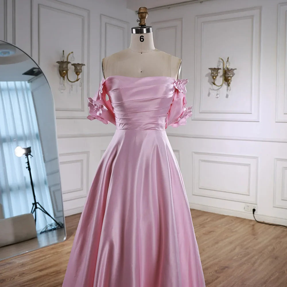 Luxury Pink Satin A Line Off Shoulder Arabic Evening Dress LA73036