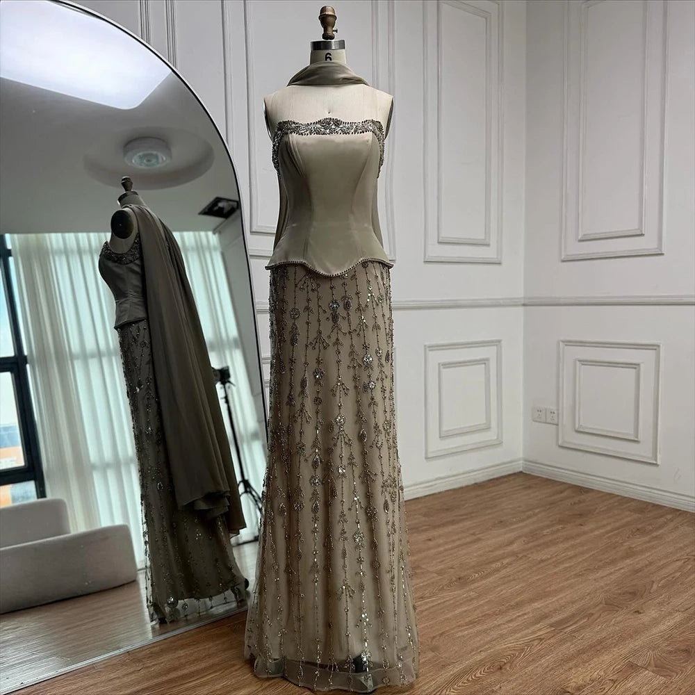 Luxury Caramel Satin Beaded Evening Dress with Corset Bodice LA72805C