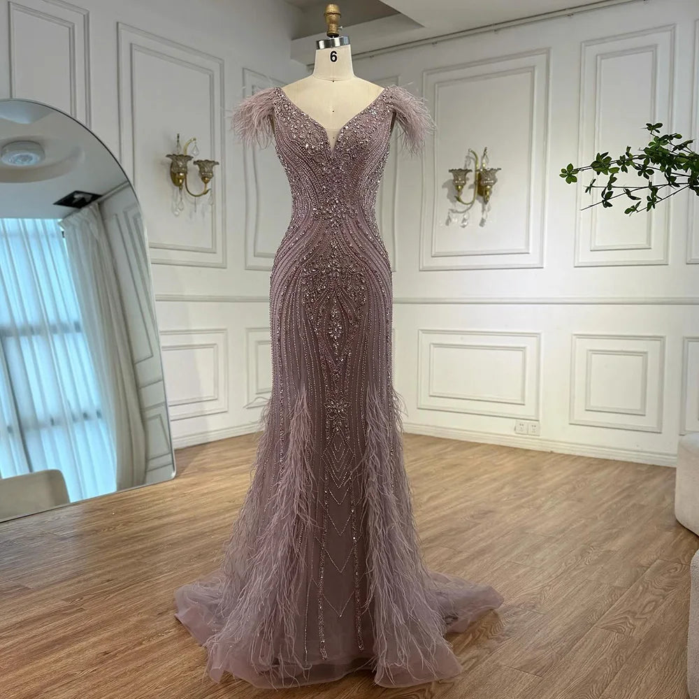 Luxury Pink Feathered Mermaid Evening Dress with Beaded Hem LA73098