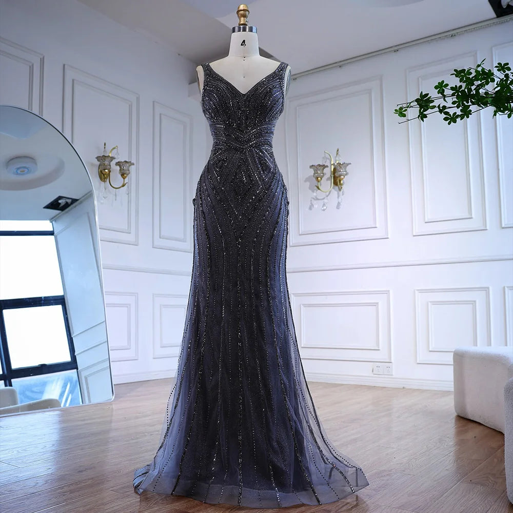 Brown V Neck Beaded Mermaid Evening Dress for Wedding Party LA73013