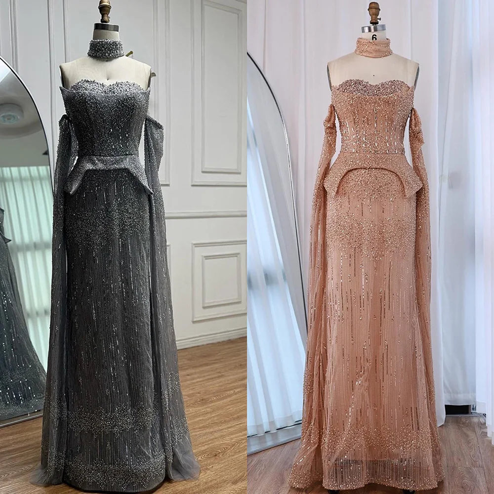 Luxury Gray Beaded Off-Shoulder Evening Dress with Cape Sleeves LA73076