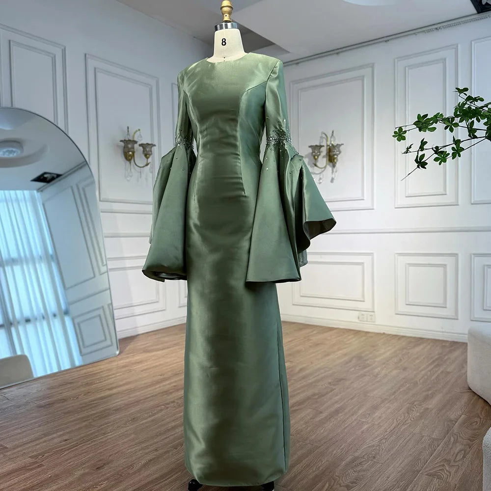 Luxury Sage Green Satin Evening Dress with Bell Sleeves 2025 LA73094