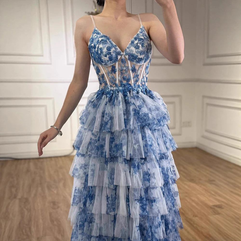 Elegant Blue Tiered Spaghetti Strap A-Line Evening Dress LA73171