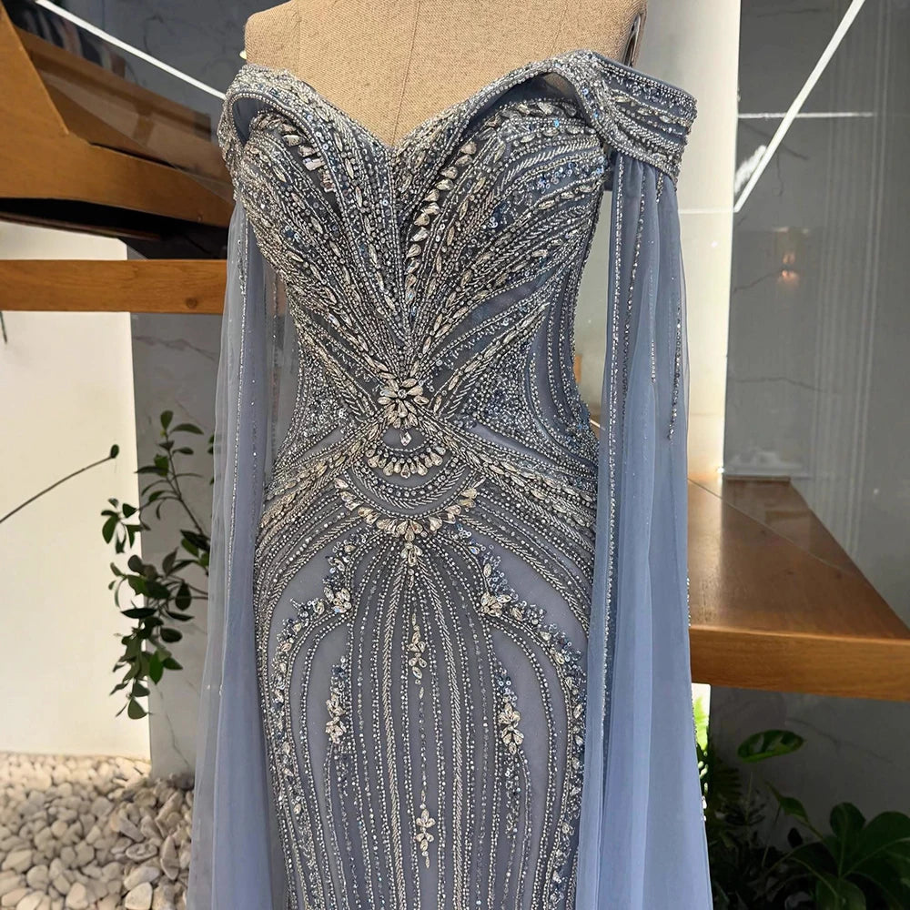Luxury Blue Beaded Cape Sleeve Saudi Arabic Evening Dress LA73151