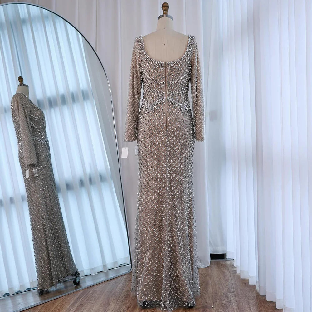 Luxury Pearl Beaded Mermaid Evening Dress with Long Sleeves LA72919A