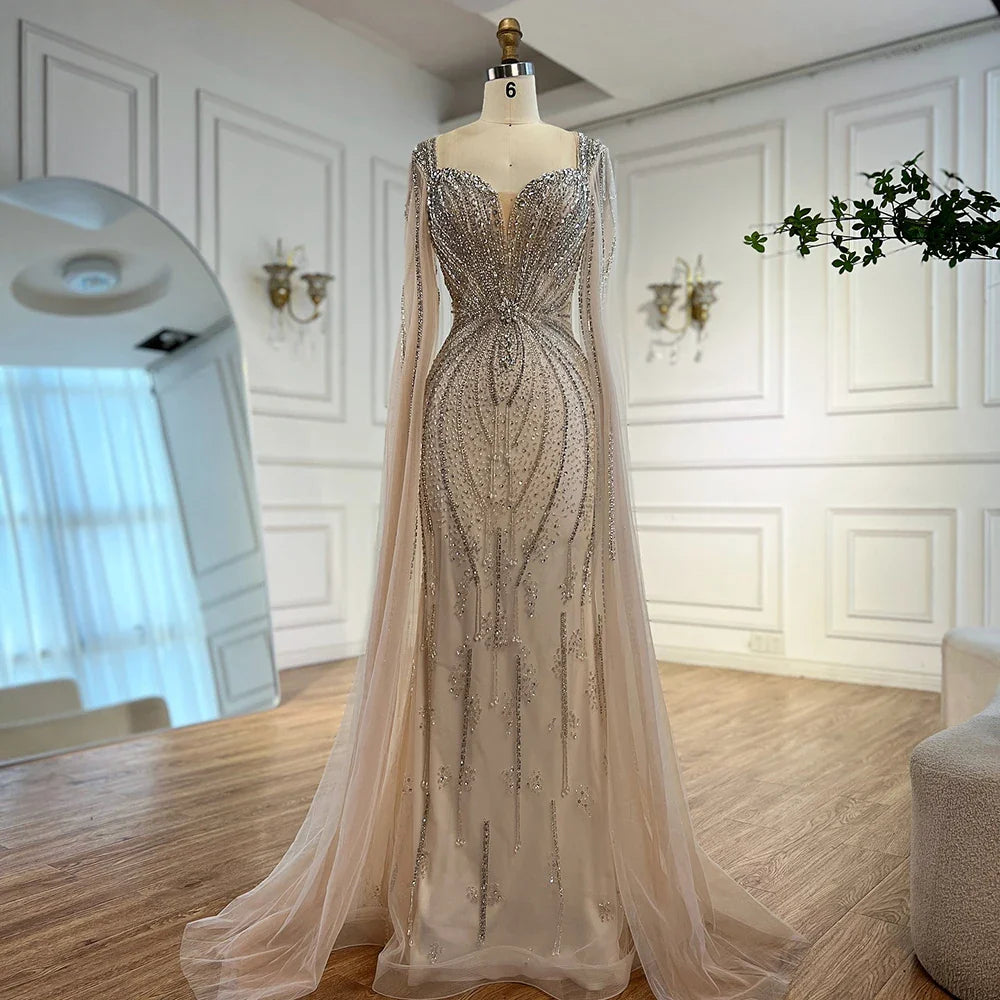 Elegant Beige Beaded Evening Dress with Cape Sleeves LA72992