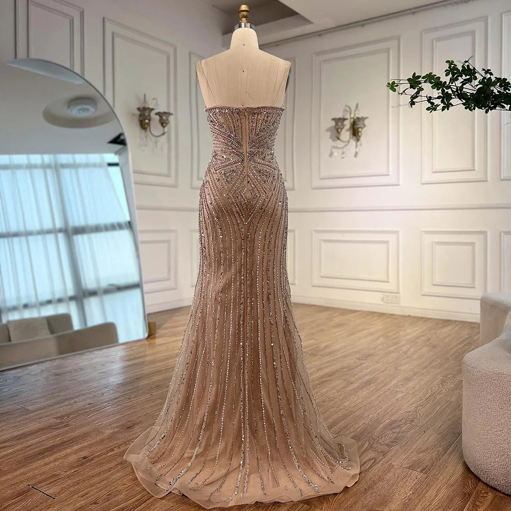 Luxury Nude V Neck Beaded Mermaid Evening Dress Sleeveless LA72981