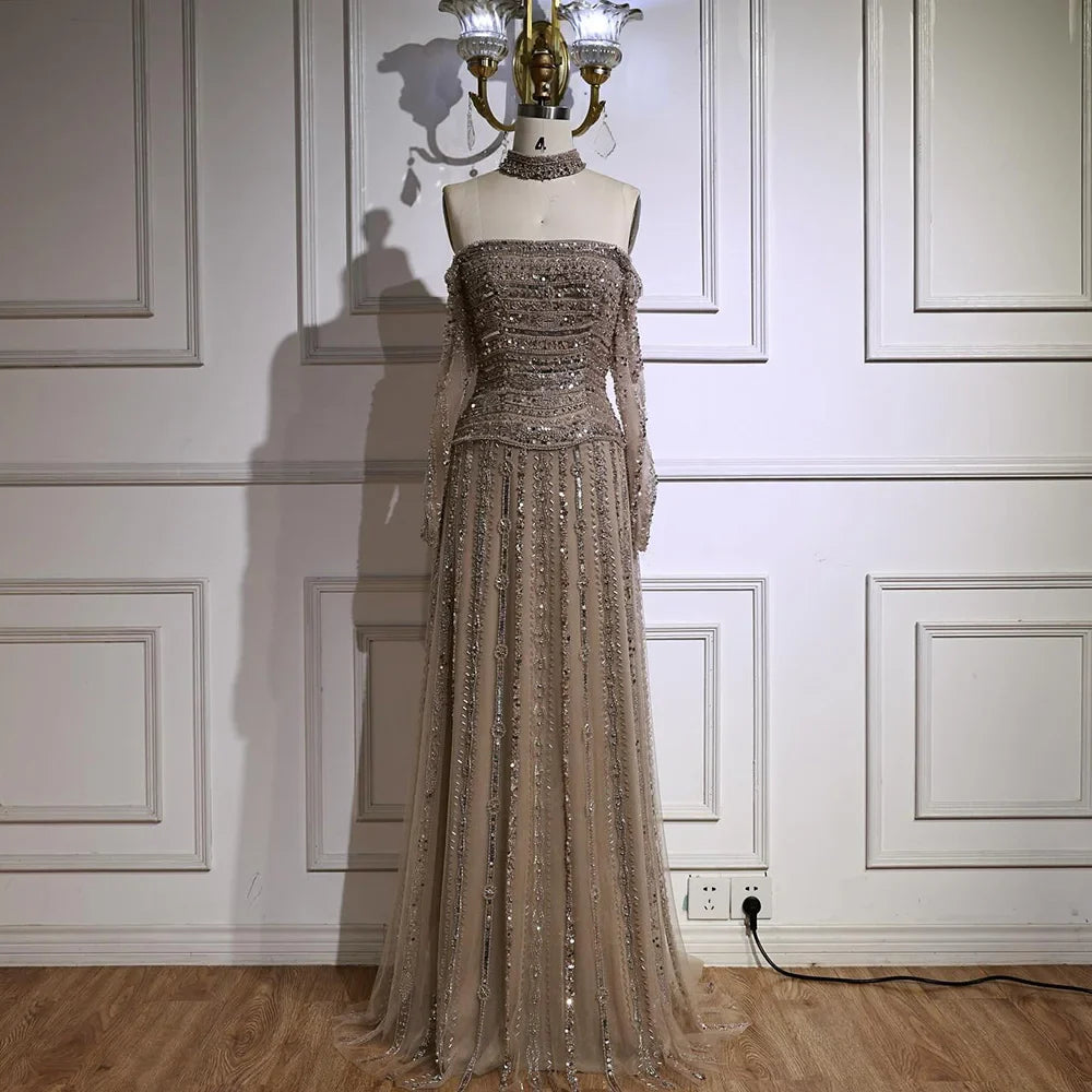 Caramel Off Shoulder Beaded Mermaid Evening Dress Long Sleeves LA73053