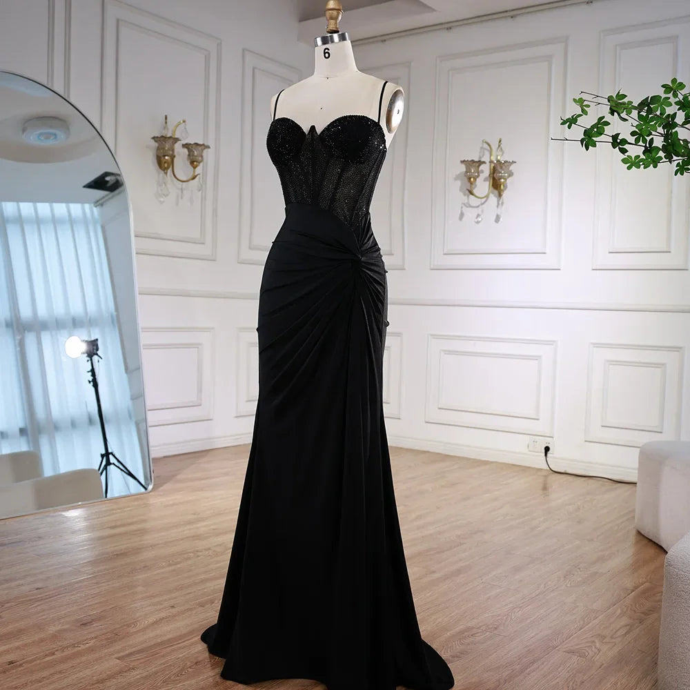 Luxury Black Beaded Mermaid Prom Dress with Spaghetti Straps LA73039