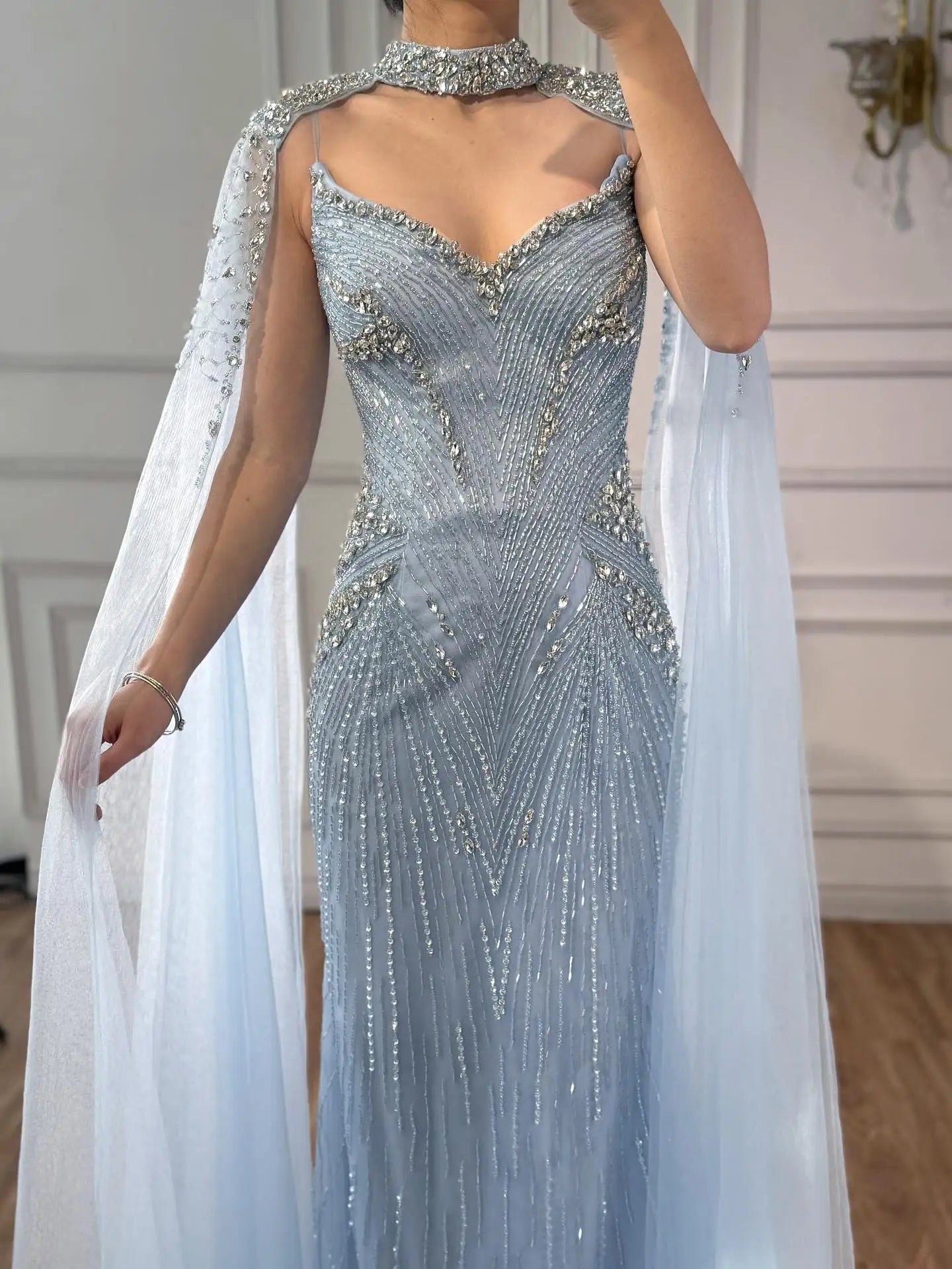 Luxury Arabic Nude Beaded Evening Dress with Cape Sleeves LA73173