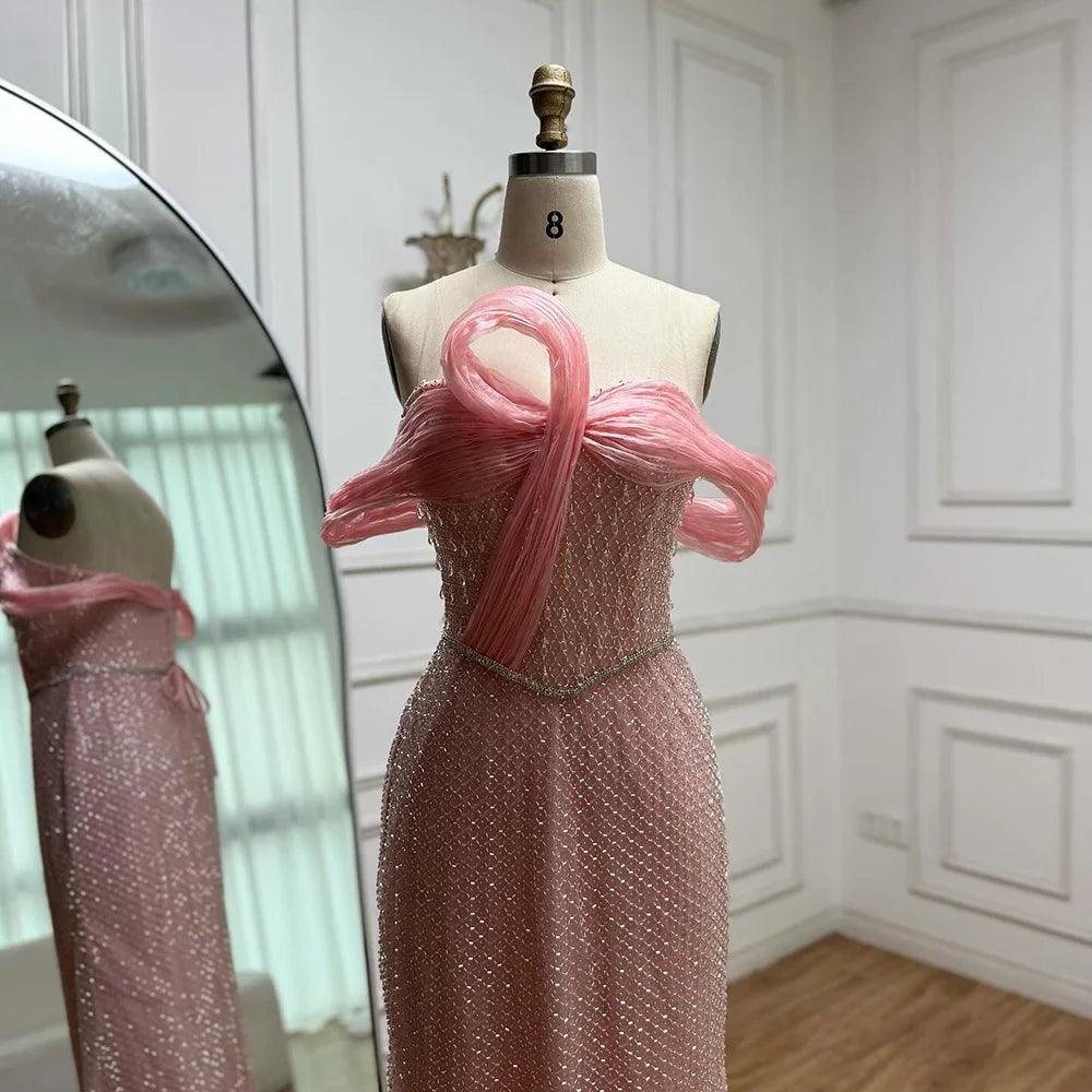 Luxury Pink Off Shoulder Mermaid Evening Dress with Bow LA73058