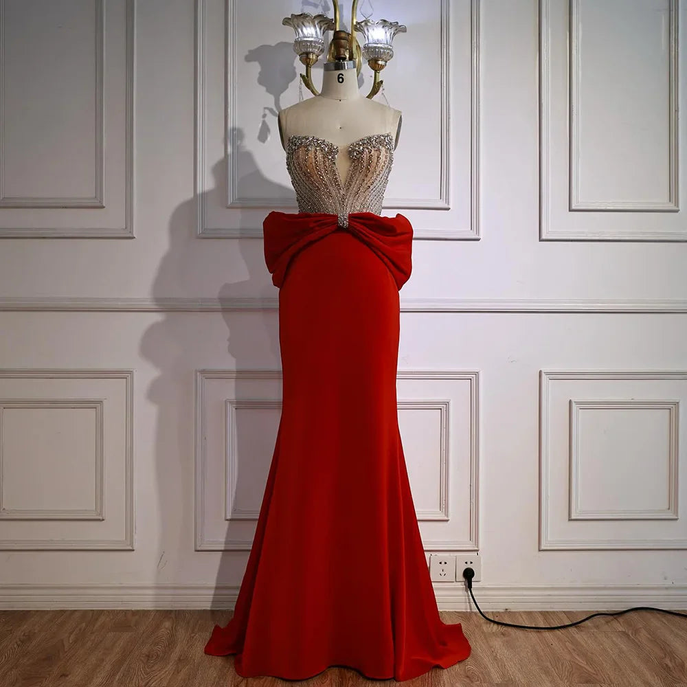 Luxury Red Satin Evening Dress with Bow Designer Gown LA73060