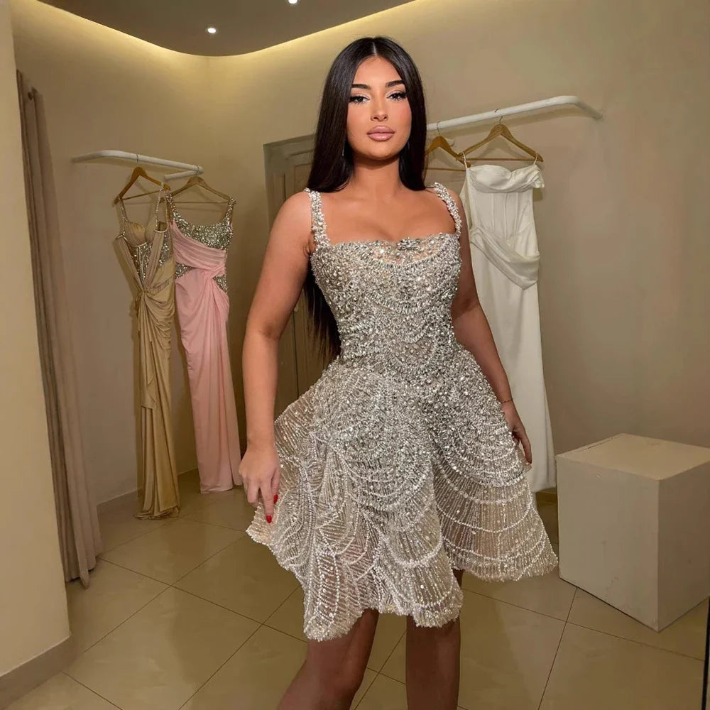 Luxury Nude Crystal A-Line Short Sparkly Cocktail Party Dress LA72983