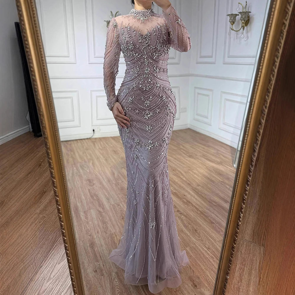 Luxury Pink Beaded Mermaid Evening Dress Long Sleeve LA73158