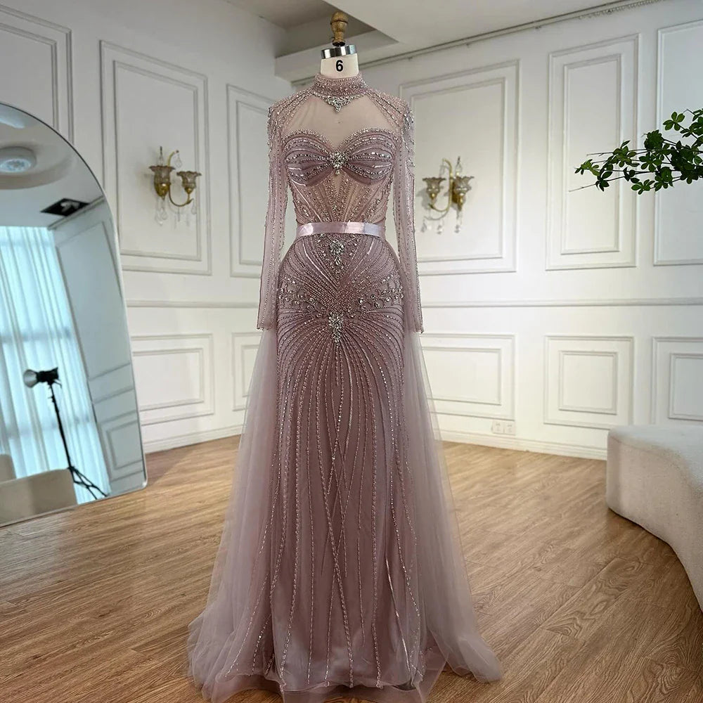 Luxury Nude Beaded Evening Dress with Detachable Overskirt LA72990