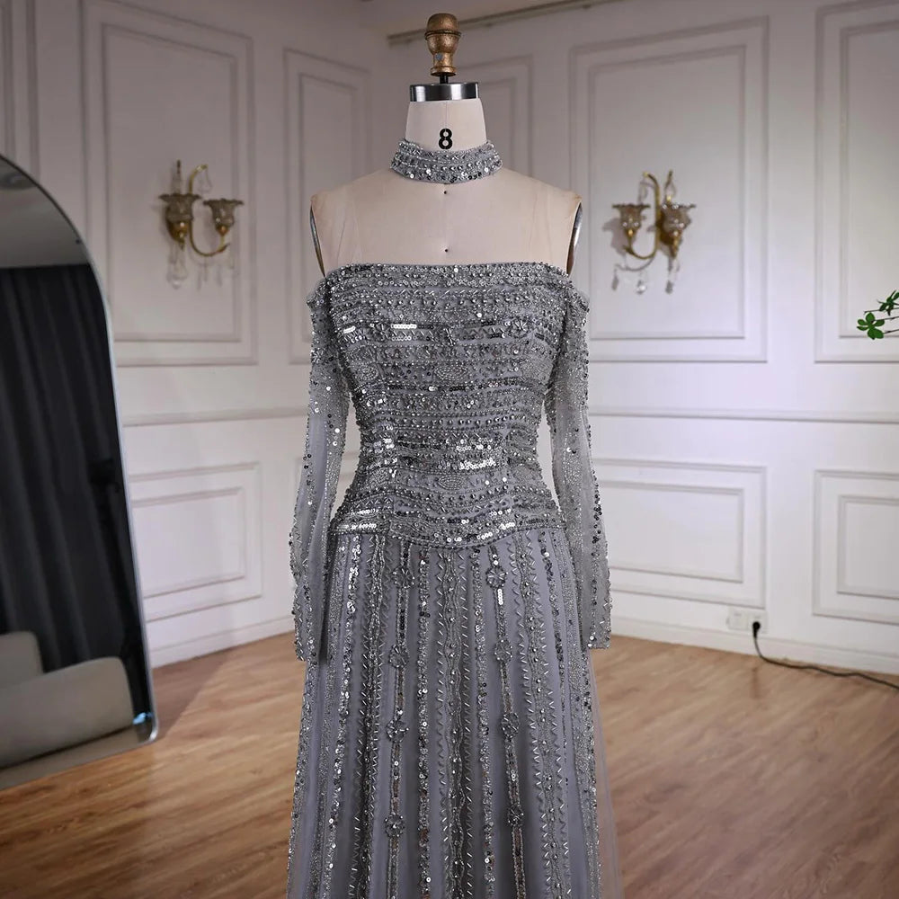 Caramel Off Shoulder Beaded Mermaid Evening Dress Long Sleeves LA73053