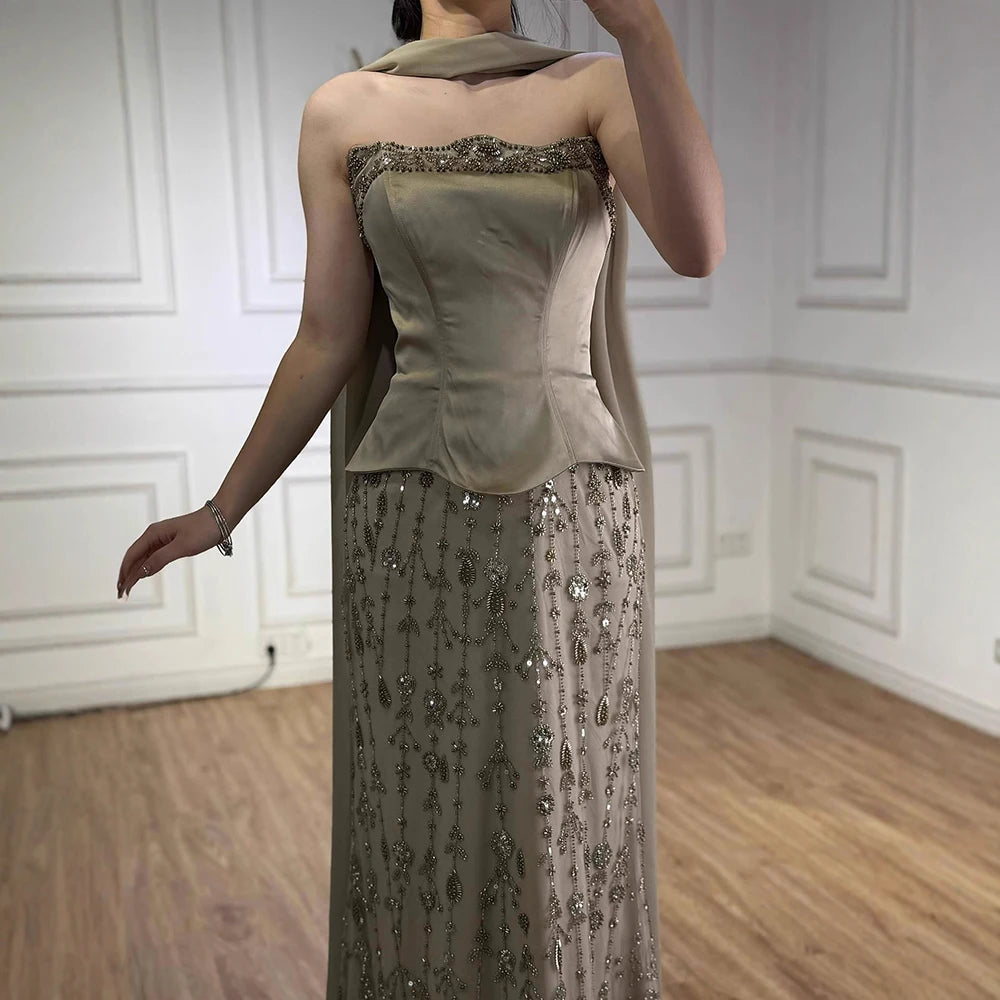 Luxury Caramel Satin Beaded Evening Dress with Corset Bodice LA72805C