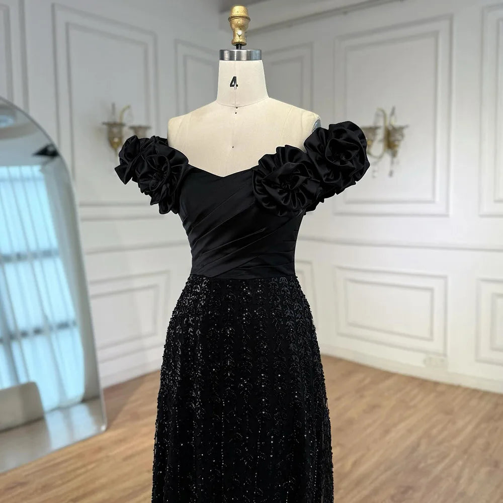 Luxury Black Off Shoulder Sequin Evening Dress with Floral Sleeves LA73096