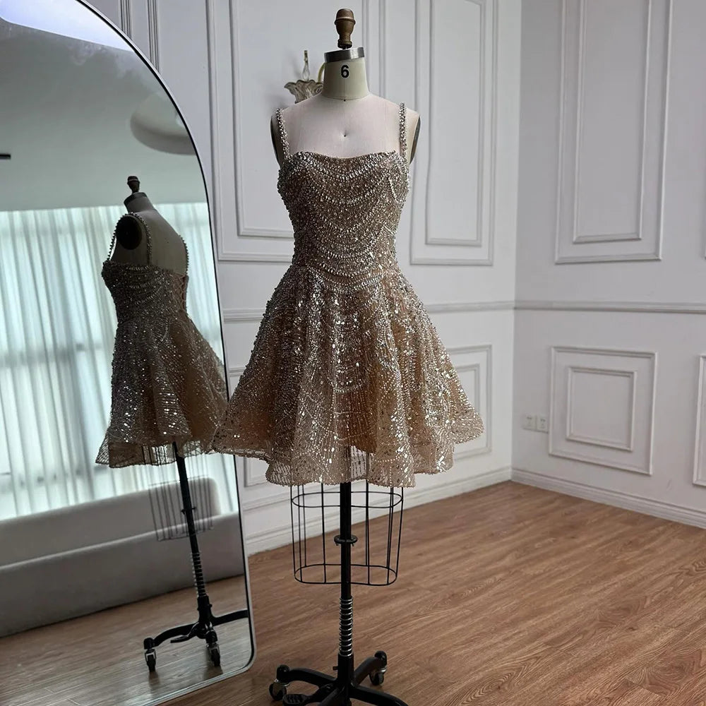 Luxury Nude Crystal A-Line Short Sparkly Cocktail Party Dress LA72983