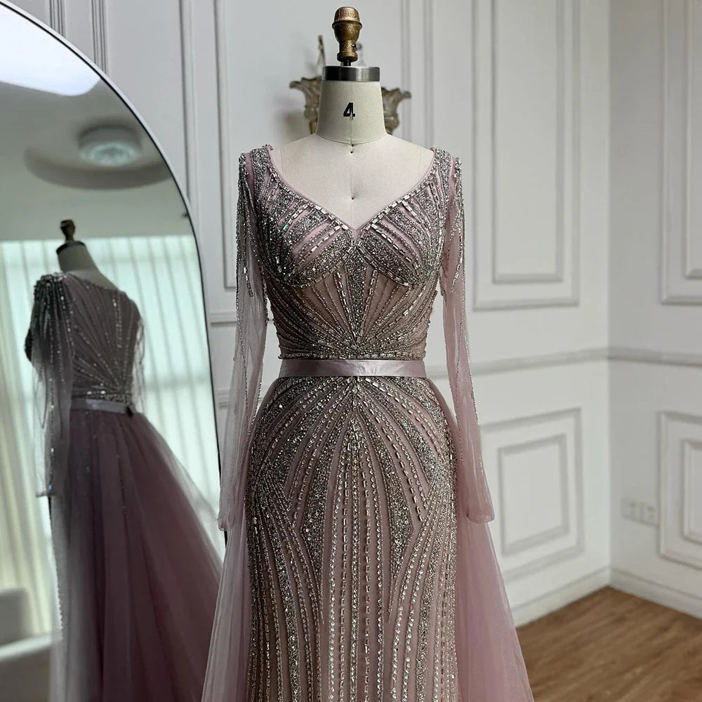 Luxury Nude Beaded Evening Dress with Detachable Overskirt LA73156